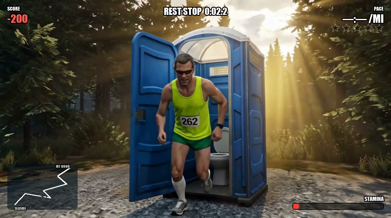 Game screenshot with a heads-up display showing a depleted stamina bar.