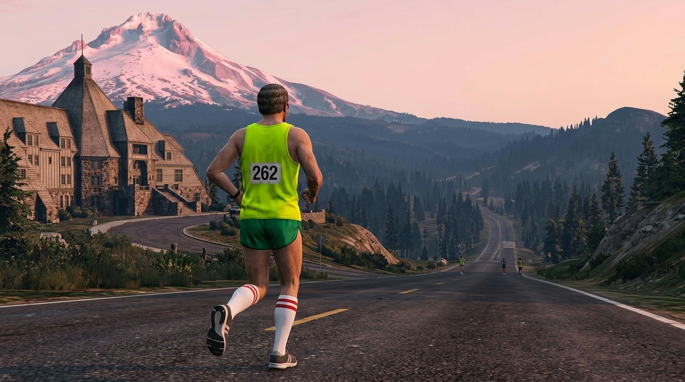 A runner in a neon yellow tank top on an empty highway at dawn with Mt. Hood and Timberline Lodge behind him.