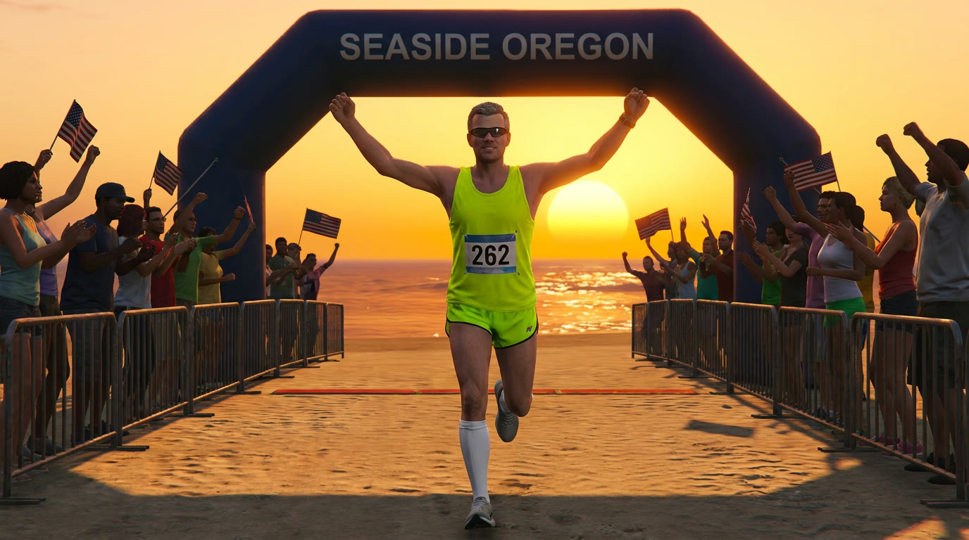 A runner crossing the Seaside Oregon finish arch at sunset as a crowd cheers.
