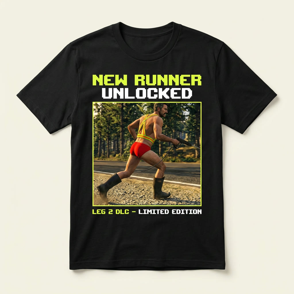 Black t-shirt reading New Runner Unlocked, Leg 2 DLC, Limited Edition.
