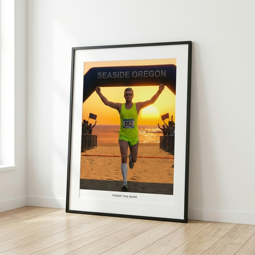 Framed poster titled Finish The Game showing a runner crossing the Seaside Oregon finish arch at sunset.
