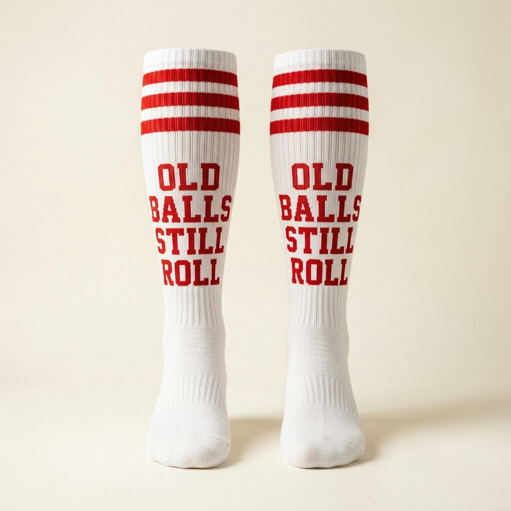 White knee-high tube socks with red stripes and Old Balls Still Roll printed down the calf.