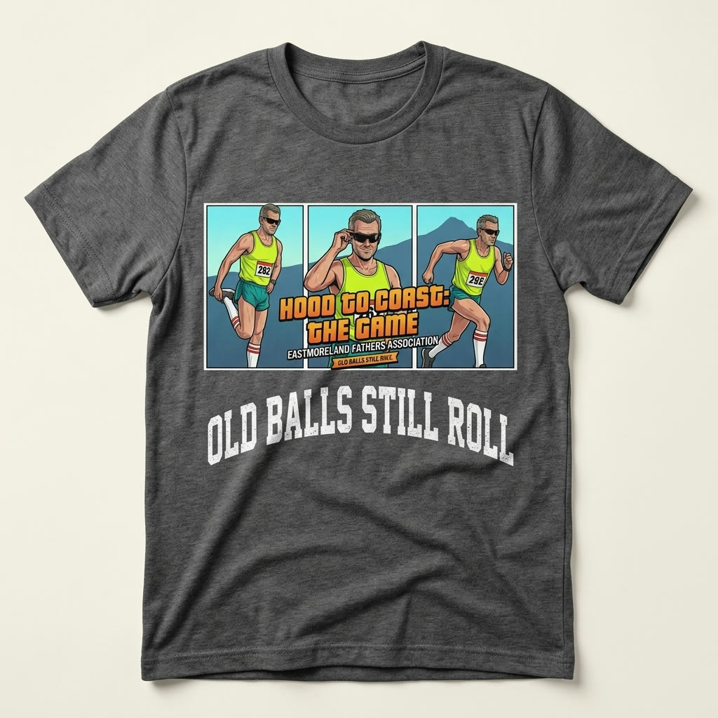 Charcoal heather t-shirt printed with the three-panel Hood To Coast: The Game title card art above arched text reading Old Balls Still Roll.