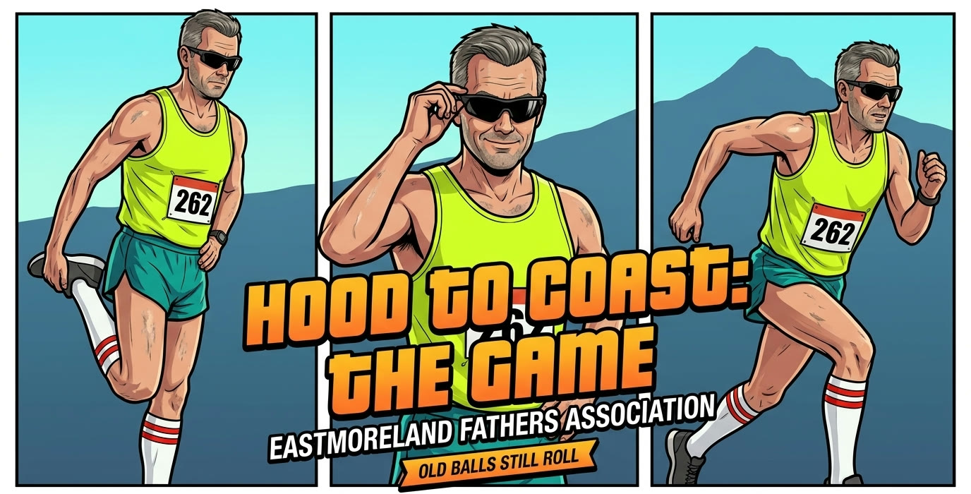 Three-panel comic title card showing a gray-haired dad in a neon yellow running tank and teal shorts stretching, lowering his sunglasses, and sprinting past Mt. Hood. Text reads Hood To Coast: The Game, Eastmoreland Fathers Association, Old Balls Still Roll.